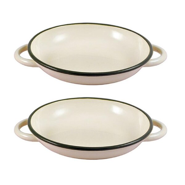 2x Urban Style Enamelware 22cm Ragout Plate Dish w/ Green Rim/Handle Cottage