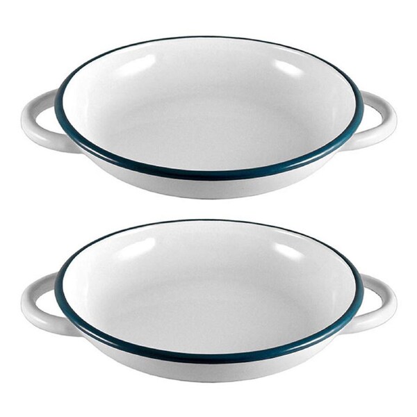 2x Urban Style Enamelware 24cm Ragout Plate Dinner Dish w/ Blue Rim/Handle White