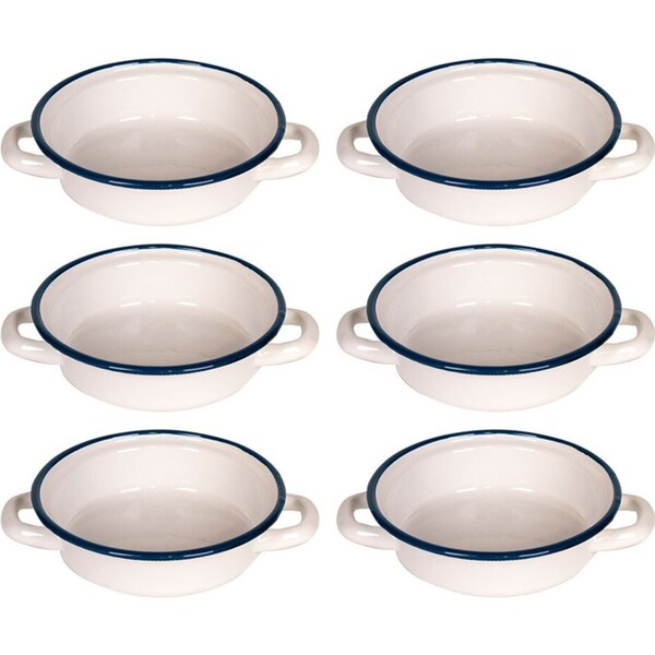 6x Urban Style Enamelware 14x6.3cm Ragout Plate Dish w/ Handles w/Blue Rim White