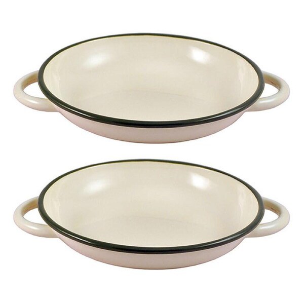 2x Urban Style Enamelware 24cm Ragout Plate Dish w/ Green Rim/Handle Cottage