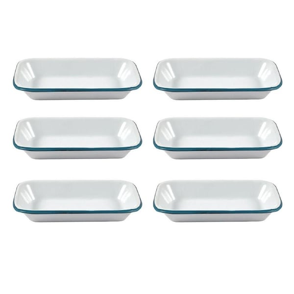 6x Urban Style Enamelware 14cm Pickle Tray Rectangle Food Bowl w/ Blue Rim White