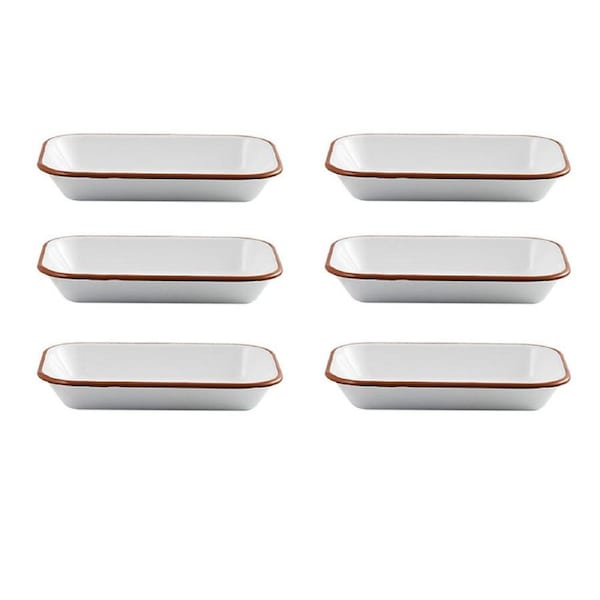 6x Urban Style Enamelware 14cm Pickle Tray Rectangle Food Bowl w/ Red Rim White
