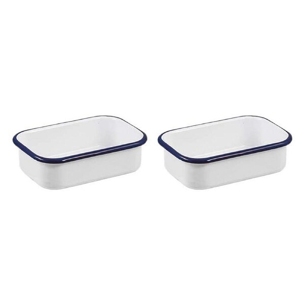 2x Urban Style Enamelware 14.5cm Multipurpose Rectangle Tray w/ Blue Rim White