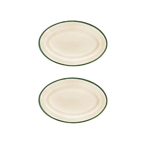 2x Urban Style Enamelware 30cm Oval Tray Serving Platter w/ Green Rim Cottage