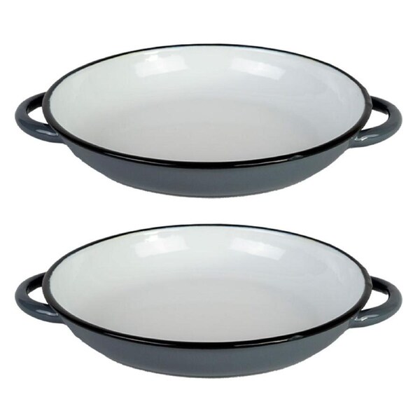 2x Urban Style Enamelware 24cm Ragout Plate Dinner Dish w/ Black Rim Grey/White