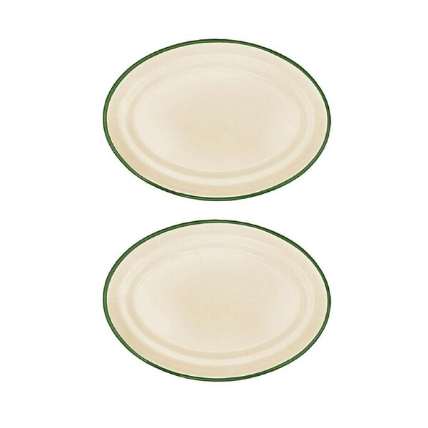 2x Urban Style Enamelware 30cm Oval Tray Serving Platter w/ Green Rim Cottage