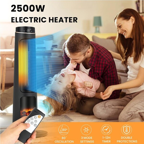 Costway 2500W Ceramic Tower Fireplace Electric Heating Fan Oscillating/3D Flame/Remote/Timer Indoor