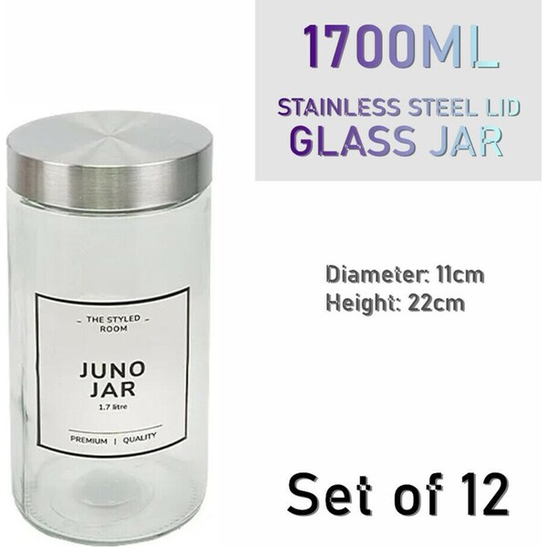12x Glass Food Storage Jars 1.7L Stainless Steel Lid Kitchen Container Canister