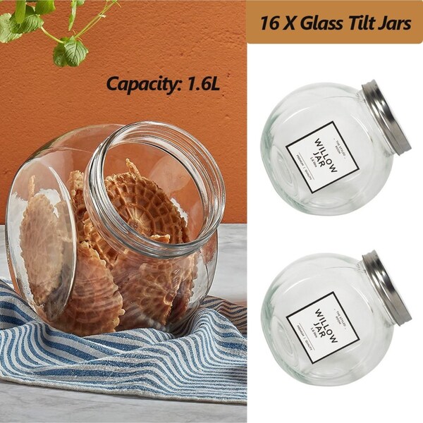 16x 1.6L Glass Tilt Jar Spice Herb Jar Kitchen Storge Cookie Condiment Container