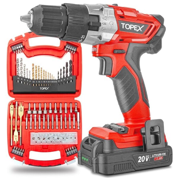 TOPEX 20V Max Cordless Hammer Drill w/ Li-Ion Battery & Drill Bit Set