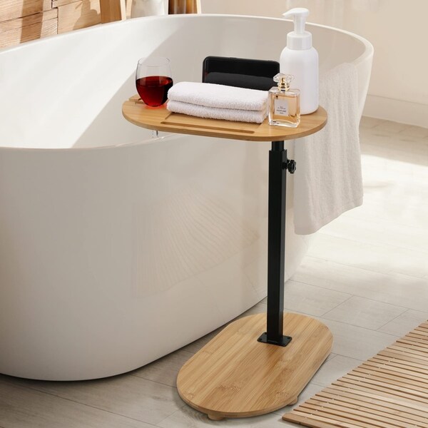 ACA Bamboo Bathtub Tray Table Extendable Adjustable Bathtub Side Bath Caddy Tray Wine Glass Phone Holder