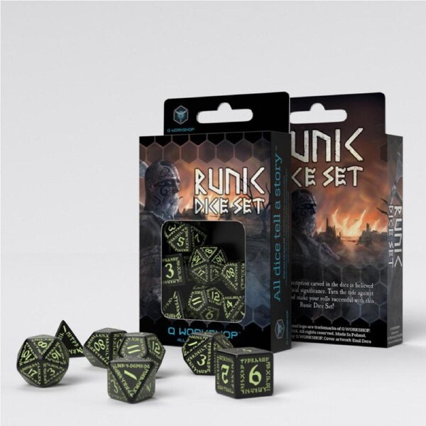 Q Workshop Runic Black & Glow-In-The-Dark Dice Set 7