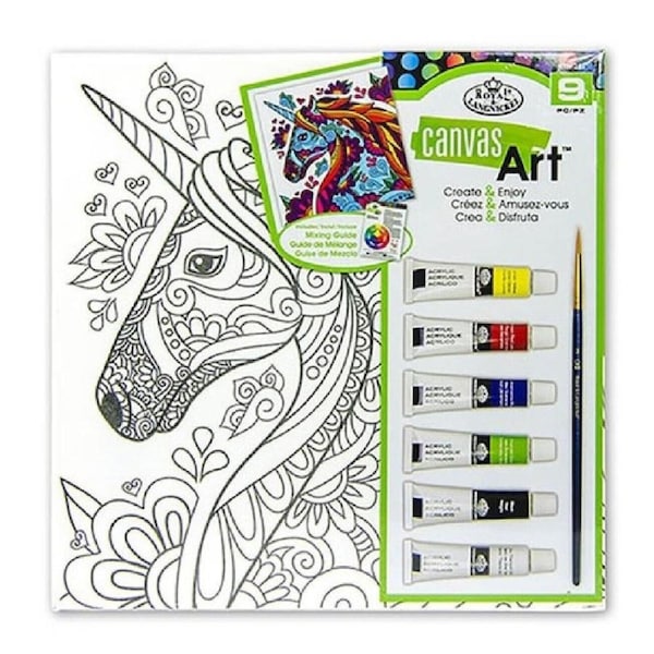 Painting Art Set Printed Canvas 25x25cm 6 Acrylic Paints & Brush - Unicorn