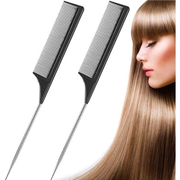2x Rat Tail Comb Stainless Steel Pintail Heat Resistant Carbon Fiber Teasing