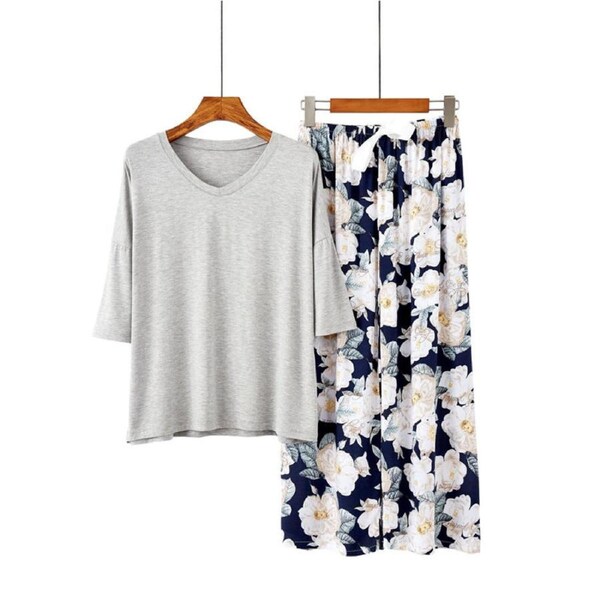 Nevenka Womens Pajama Set Print Sleepwear Soft V-Neck Short Sleeve Top With Pants-7
