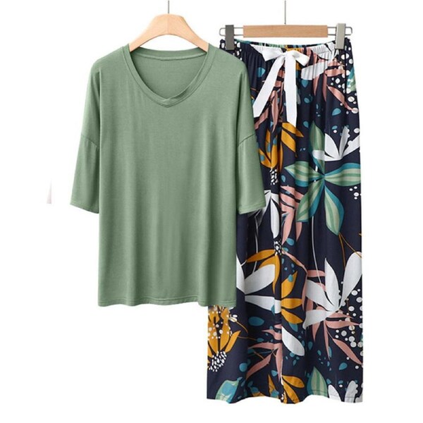 Nevenka Womens Pajama Set Print Sleepwear Soft V-Neck Short Sleeve Top With Pants-12