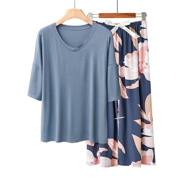 Nevenka Womens Pajama Set Print Sleepwear Soft V-Neck Short Sleeve Top With Pants-30