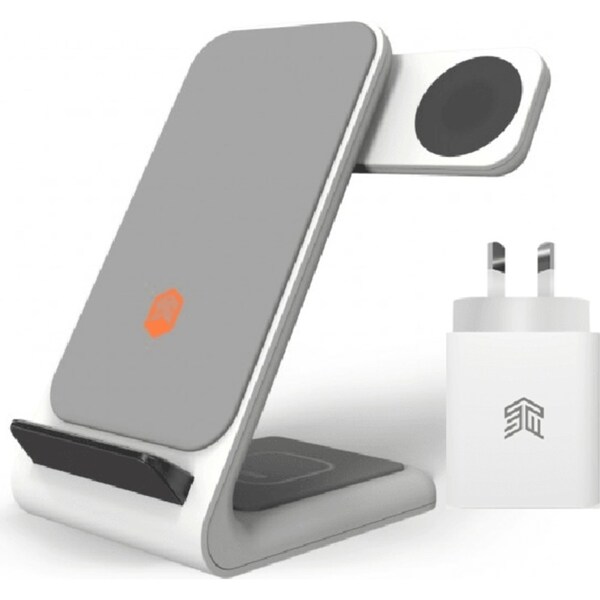 STM ChargeTree Swing 3-in-1 Wireless Charging Stand Iphone AirPods Apple Watch with AU 20W Wall Plug White