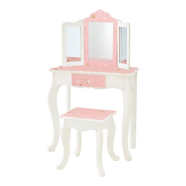 Teamson Kids Gisele Twinkle Star Kids Play Vanity Table Set with Stool, Pink/White