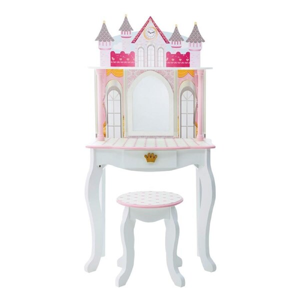 Teamson Kids Dreamland Castle Kids Play Vanity Table Set with Stool, White/Pink
