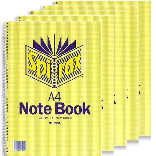 Spirax 595A Notebook 7mm Ruled Spiral Bound 240 Page A4 5 Pack