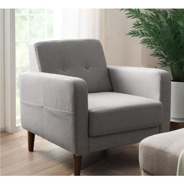 Zinus Adair Armchair – Light Grey Tufted Linen, Comfortable Seating & Armrest Storage Pockets