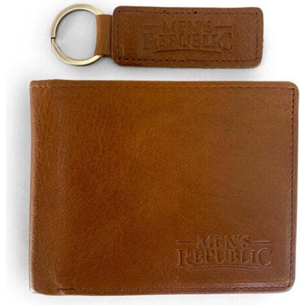 Men's Republic Sleek Leather Wallet And Keyring On The Go Portable Set Brown