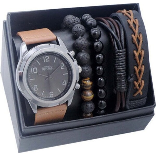 Men's Republic Sleek Stylish Watch With 4 Bracelets Black/Brown Gift Box Set