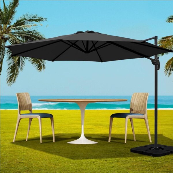 InstaHut 3m Outdoor Umbrella w/Base Cantilever Beach Roma 360 Degree Tilt Black