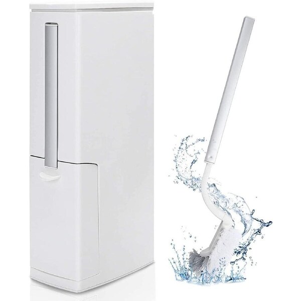 2 in 1 Plastic Trash Can with Toilet Brush Set, 5 Liter/1.3 Gallon Garbage Can with Press Top Lid and Toilet Brush Holder, White Slim Rectangular Mode