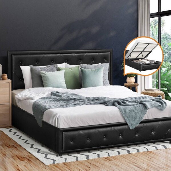 Oikiture Bed Frame Double Size Gas Lift Black Leather