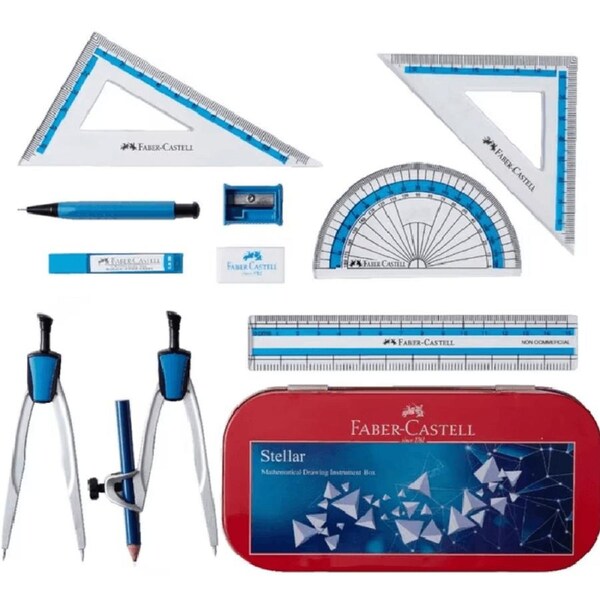 Faber-Castell Stellar Geometry Set Maths Mathematics 11 Pieces Blue Compass Protractor