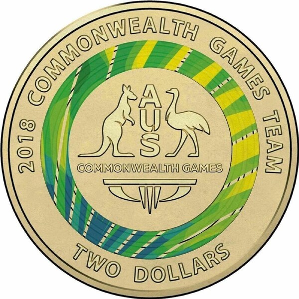 Gold Coast 2018 Green Commonwealth Games Coat of arms $2 Two Dollar coloured Coin Aus uncirculated from folder