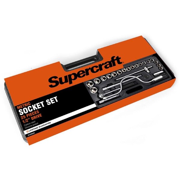 25pc Supercraft 1/2" Drive Metric Home/Garage Tool Ratchet Socket Set With Case