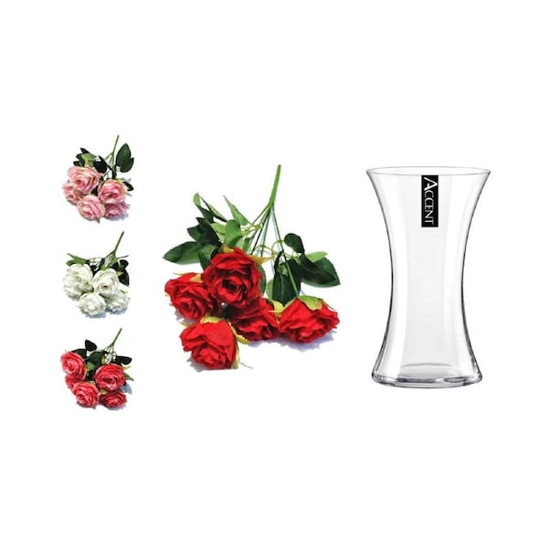 Artificial Rose Bunch x 3 with 15cm Glass Vase Home Décor
