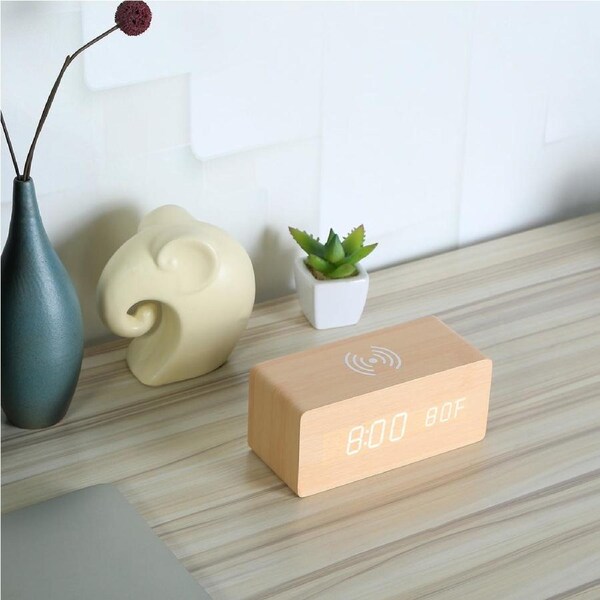 Digital Alarm Clock Wooden Table Desk Bedside LED Clock With Wireless Charger