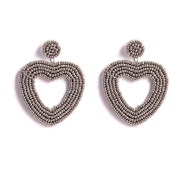 Nevenka Heart Hoop Dangle Beaded Earrings-Gray