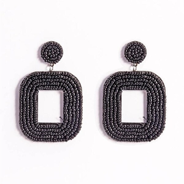 Nevenka Square Hoop Dangle Beaded Earrings-Black