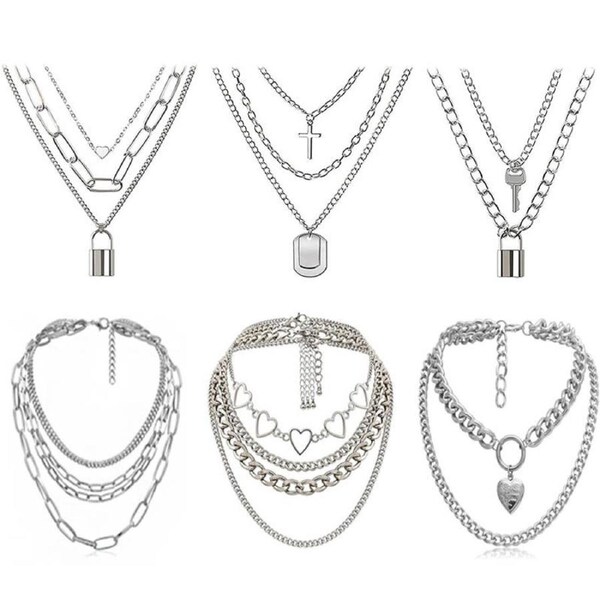 Nevenka Set of 6 Punk Multilayer Pendants Necklace for Women Teen Girls-B