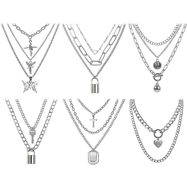 Nevenka Set of 6 Punk Multilayer Pendants Necklace for Women Teen Girls-C