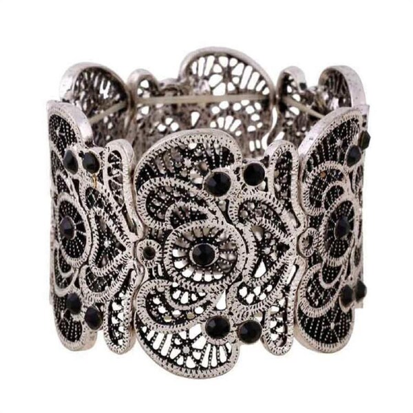 Nevenka Womens Vintage Filigree Cuff Bangle Bracelet-AncientSilver