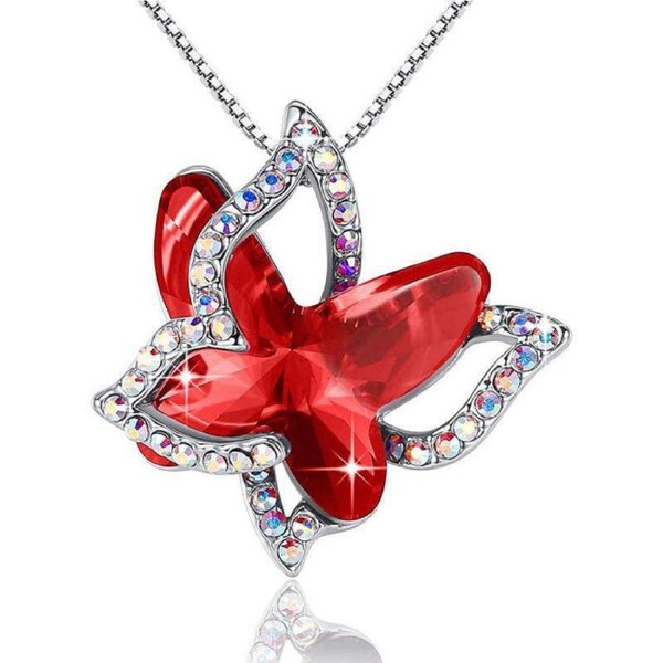 Nevenka Butterfly Birthstone Crystal Pendant Necklace Gifts for Women Girls-Red
