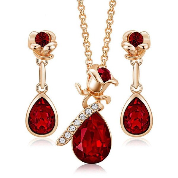 Nevenka Rose Crystal Necklace and Earrings Set for Mom Wife-GoldRed