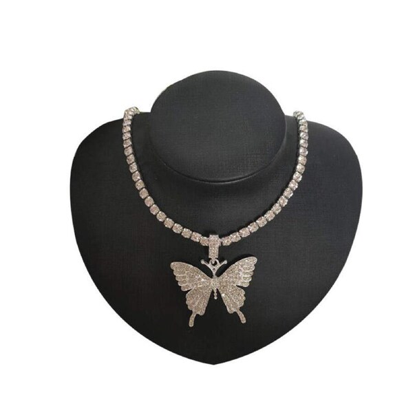 Nevenka Sparkly Butterfly Rhinestone Pendant Necklaces for Women and Girls-Silver