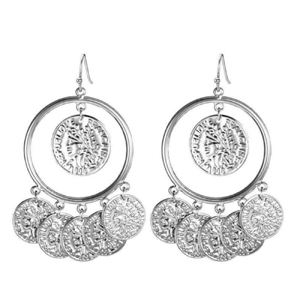 Nevenka Vintage Tribal Chandelier Portrait Coins Hoop Drop Earrings for Women