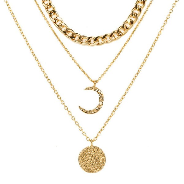 Nevenka Sun and Moon Pendant Multilayer Necklace For Womens-Gold