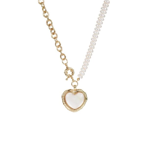 Nevenka Vintage Necklace Half Pearl Half Chain Shell Heart Pendant Valentine's Day Gift Ladies Girl Mom