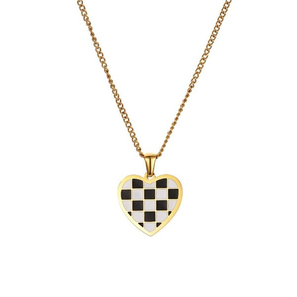 Nevenka Black and White Checkerboard Heart Necklace Titanium Steel Pendant Sweet Cool Girl Jewelry