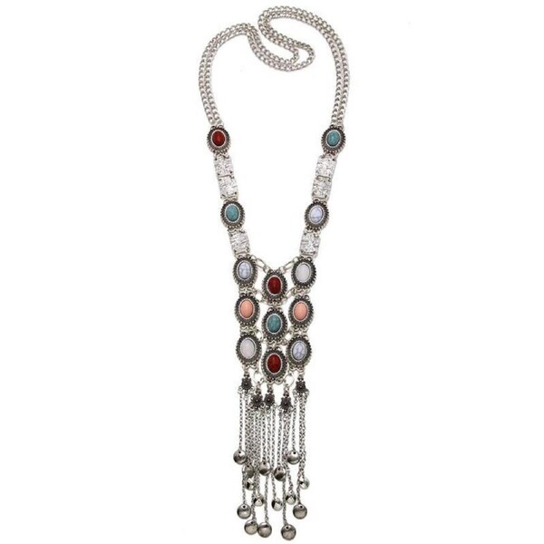 Nevenka Turquoise Rhinestone Long Tassel Necklace for Women Silver
