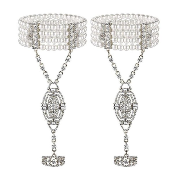 Nevenka 2Pcs Pearl Crystal Bracelet Ring All-in-one Chain for Women-Silver